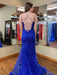 Open Back Mermaid Blue Lace Long Prom Dresses, Blue Lace Formal Dresses, Mermaid Blue Evening Dresses 