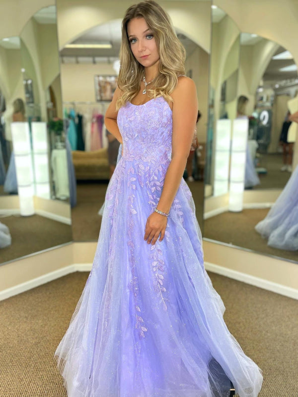 Backless Purple Lace Prom Dress with Train, Open Back Long Purple Lace Formal Evening Dresses main image 0