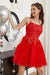Open Back Red Lace Short Prom Dresses, Red Lace Homecoming Dresses, Short Red Formal Evening Dresses 