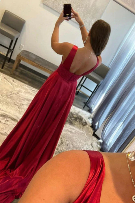 Open Back V Neck Burgundy Long Prom Dresses with High Slit, V Neck Bur Bridelily Open Back V Neck Burgundy Long Prom Dresses with High Slit, V Neck Bur Bridelily