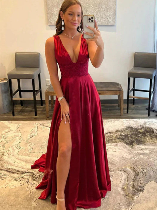 Open Back V Neck Burgundy Long Prom Dresses with High Slit, V Neck Bur Bridelily Open Back V Neck Burgundy Long Prom Dresses with High Slit, V Neck Bur Bridelily