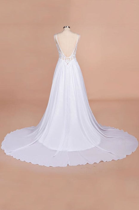 Open Back V-neck Lace Chiffon Wedding Dress - Wedding Dresses