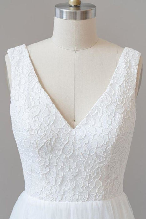 Open Back V-neck Lace Tulle A-line Wedding Dress - Wedding Dresses