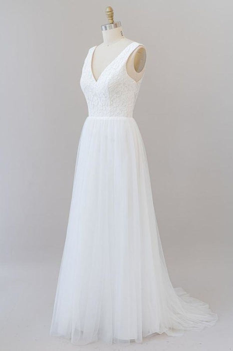 Open Back V-neck Lace Tulle A-line Wedding Dress - Wedding Dresses