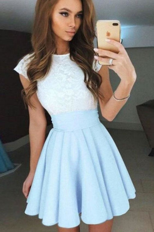 Pale Blue A-Line Cap Sleeves Short Chiffon Homecoming with Lace Top Mini Prom Dress - Prom Dresses