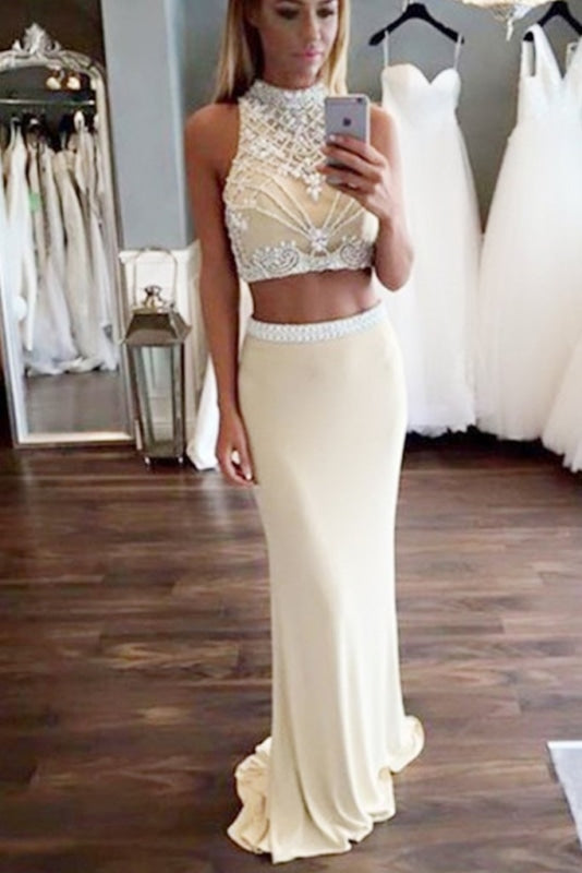Pale Yellow Two Piece High Neck Sleeveless Beading Prom Dress Trumpet Formal Dresses - Prom Dresses