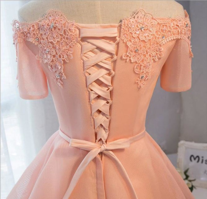Pastel Orange Appliqued Tulle Off-shoulder Homecoming Dresses Short Party Dress - Prom Dresses