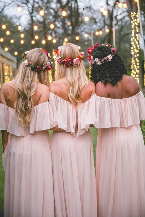 Pastel Pink Ruffles Long Chiffon Bridesmaid Dress - bridesmaid dresses