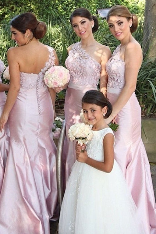 Pastel Pink Trendy One-shoulder Lace Long Bridesmaid Dress - Bridesmaid Dresses