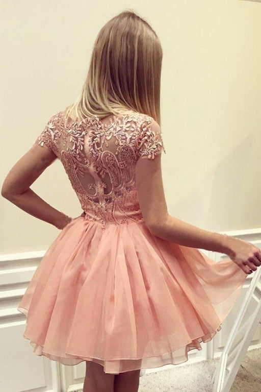 Peach Cap Sleeves Chiffon Homecoming with Appliques A Line Short Prom Dress - Prom Dresses