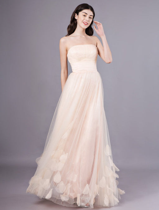 Peach Strapless Prom Dress A Line Flower Tulle Floor Length Homecoming Dress