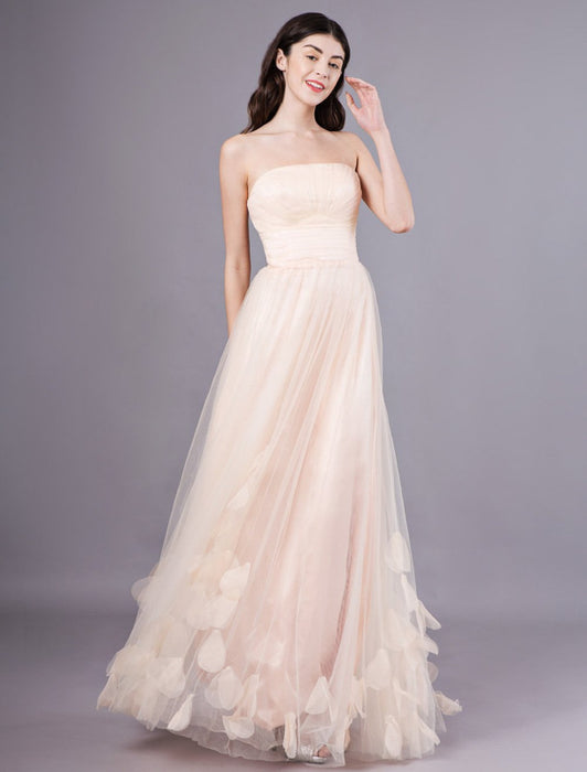 Peach Strapless Prom Dress A Line Flower Tulle Floor Length Homecoming Dress