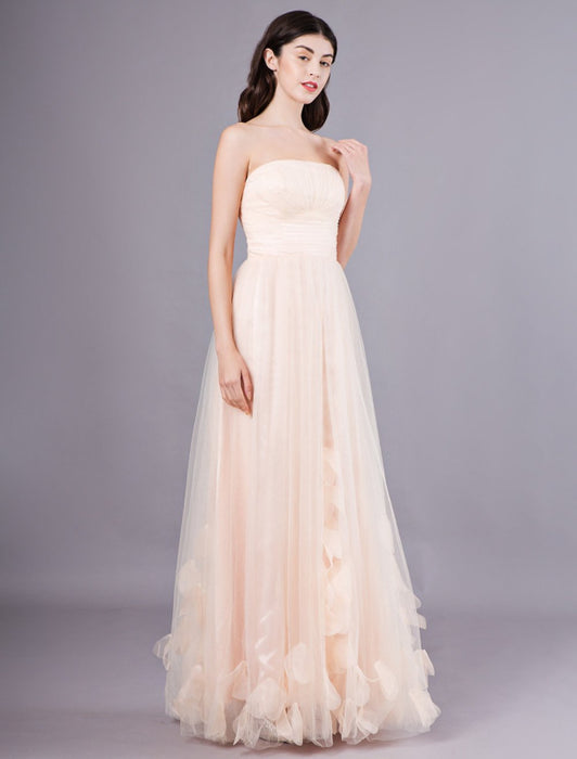 Peach Strapless Prom Dress A Line Flower Tulle Floor Length Homecoming Dress