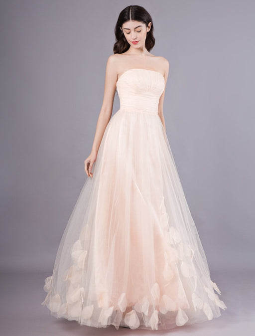 Peach Strapless Prom Dress A Line Flower Tulle Floor Length Homecoming Dress
