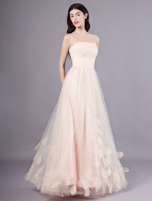 Peach Strapless Prom Dress A Line Flower Tulle Floor Length Homecoming Dress