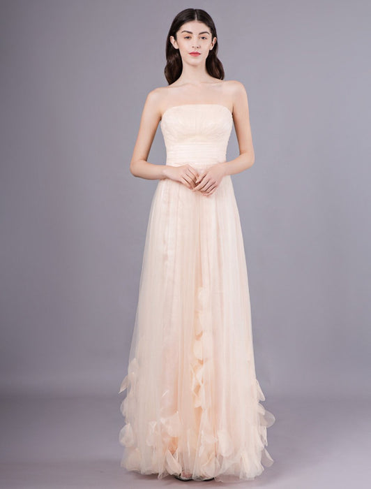 Peach Strapless Prom Dress A Line Flower Tulle Floor Length Homecoming Dress