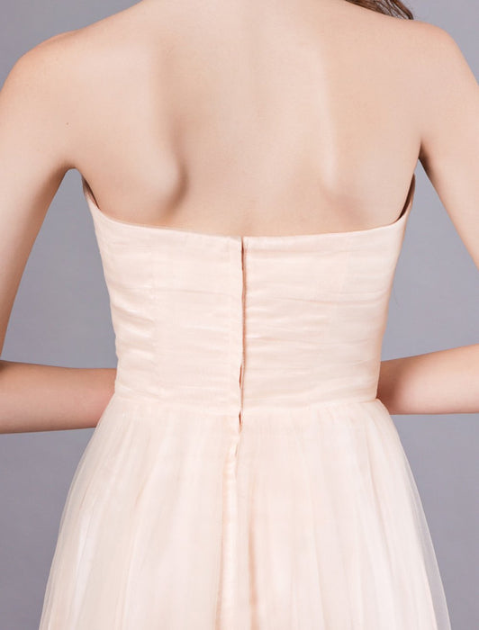 Peach Strapless Prom Dress A Line Flower Tulle Floor Length Homecoming Dress