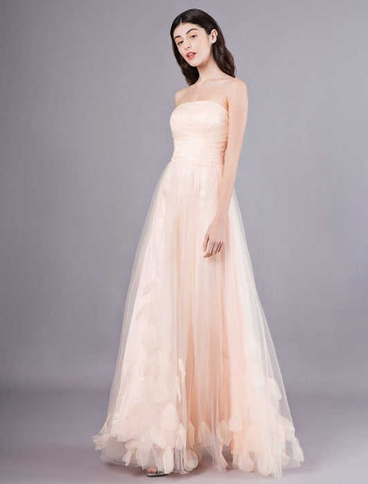 Peach Strapless Prom Dress A Line Flower Tulle Floor Length Homecoming Dress
