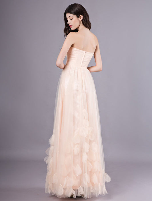 Peach Strapless Prom Dress A Line Flower Tulle Floor Length Homecoming Dress