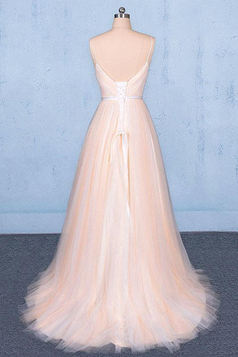Peach V Neck Sleeveless A Line Prom Dresses Straps Tulle Evening Dress - Prom Dresses