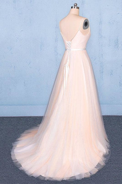 Peach V Neck Sleeveless A Line Prom Dresses Straps Tulle Evening Dress - Prom Dresses