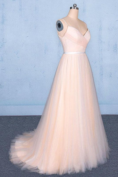 Peach V Neck Sleeveless A Line Prom Dresses Straps Tulle Evening Dress - Prom Dresses