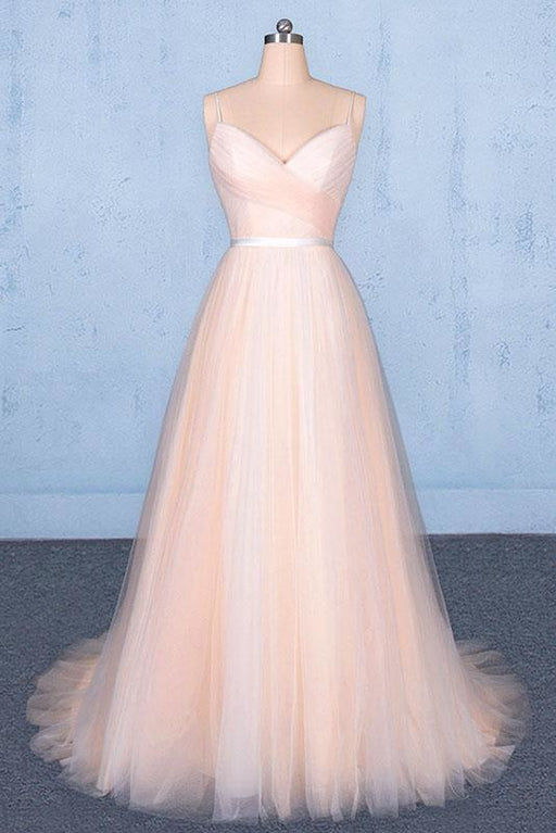 Peach V Neck Sleeveless A Line Prom Dresses Straps Tulle Evening Dress - Prom Dresses