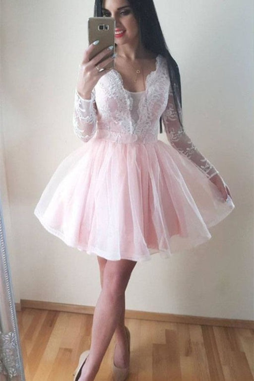 Pearl Pink A Line Long Sleeves V Neck Short Homecoming Dress with Lace Appliques - Prom Dresses