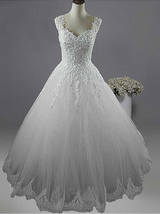 Pearls A-Line Tulle Wedding Dresses - Ivory / Floor Length - wedding dresses