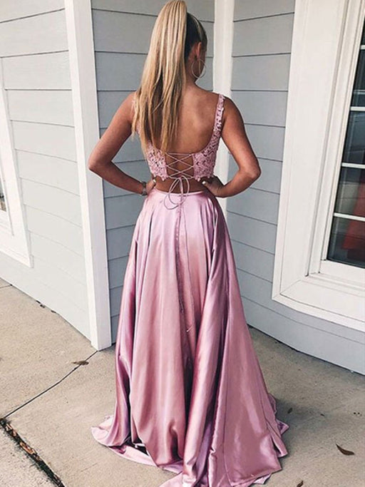 Pink 2 Pieces Lace Satin Long Prom Dresses with Side High Slit, 2 Piec Bridelily Pink 2 Pieces Lace Satin Long Prom Dresses with Side High Slit, 2 Piec Bridelily