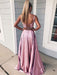 Pink 2 Pieces Lace Satin Long Prom Dresses with Side High Slit, 2 Pieces Pink Formal Evening Dresses, 2 Pieces Lace Pink Graduation Dresses with Cross Back