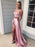 Pink 2 Pieces Lace Satin Long Prom Dresses with Side High Slit, 2 Pieces Pink Formal Evening Dresses, 2 Pieces Lace Pink Graduation Dresses with Cross Back