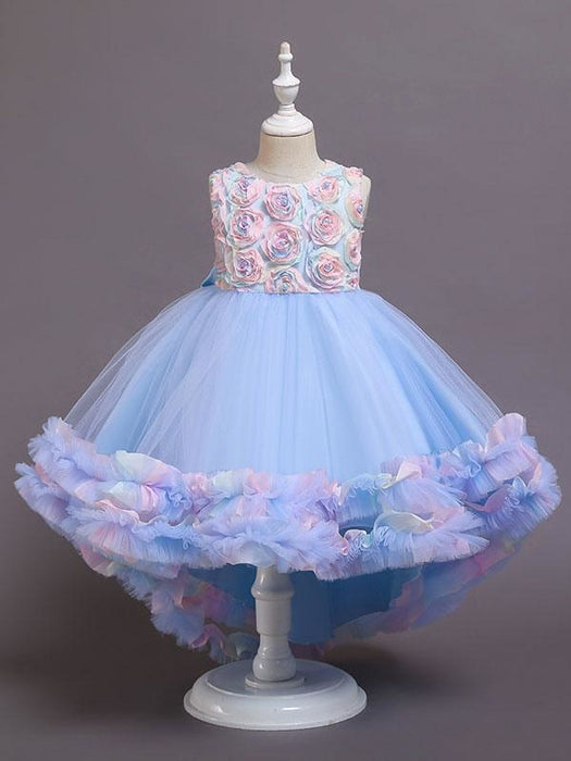Pink Flower Girl Dresses Jewel Neck Tulle Sleeveless With Train A-Line Bows Formal Kids Pageant Dresses