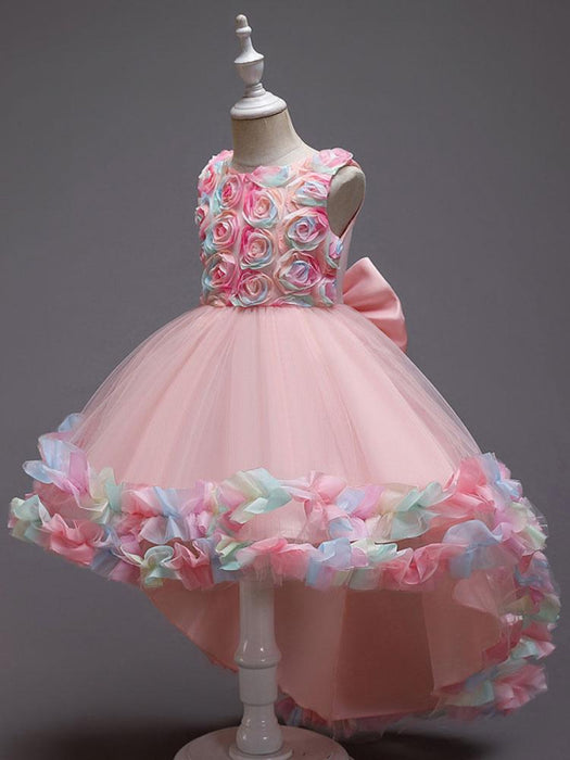 Flower Girl Dresses Pink Jewel Neck Sleeveless Bows Flowers Tulle Polyester Cotton Formal Kids Pageant Dresses