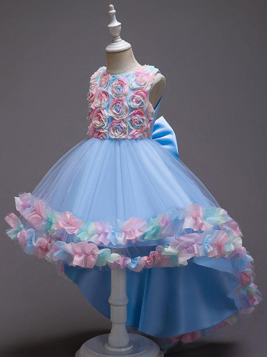Flower Girl Dresses Pink Jewel Neck Sleeveless Bows Flowers Tulle Polyester Cotton Formal Kids Pageant Dresses