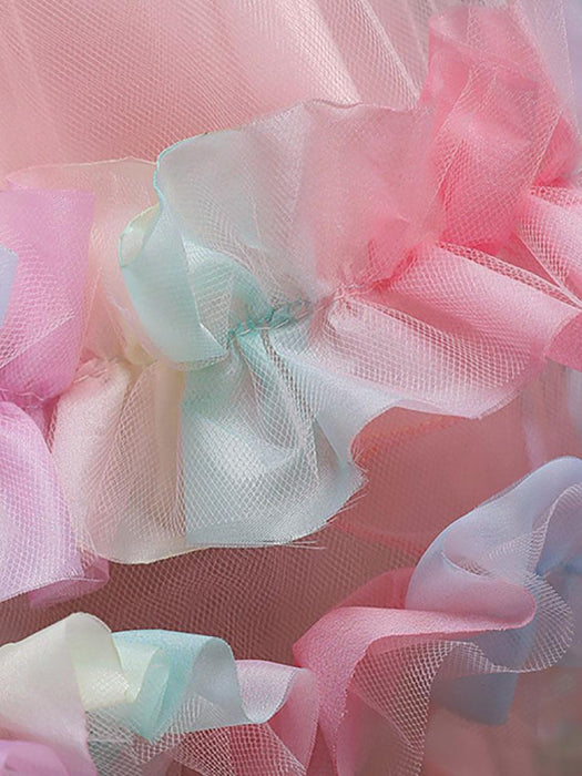 Flower Girl Dresses Pink Jewel Neck Sleeveless Bows Flowers Tulle Polyester Cotton Formal Kids Pageant Dresses
