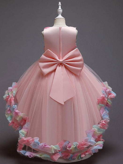 Flower Girl Dresses Pink Jewel Neck Sleeveless Bows Flowers Tulle Polyester Cotton Formal Kids Pageant Dresses