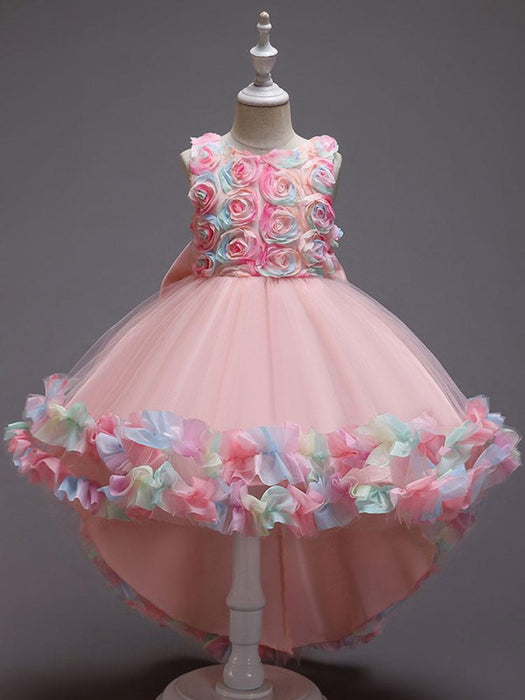 Flower Girl Dresses Pink Jewel Neck Sleeveless Bows Flowers Tulle Polyester Cotton Formal Kids Pageant Dresses
