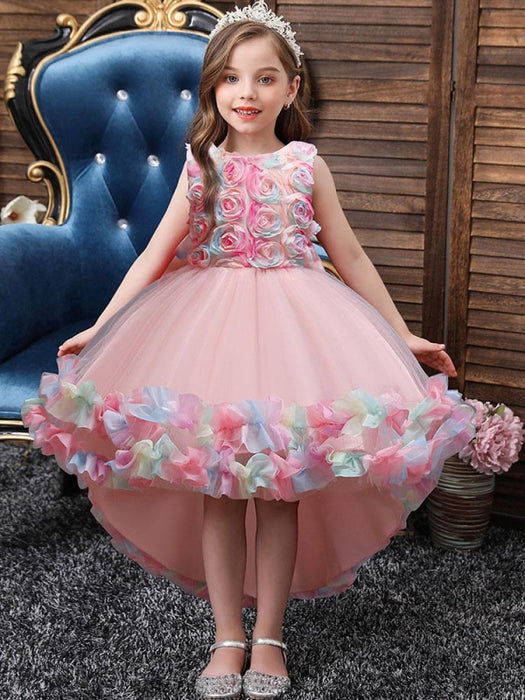 Flower Girl Dresses Pink Jewel Neck Sleeveless Bows Flowers Tulle Polyester Cotton Formal Kids Pageant Dresses