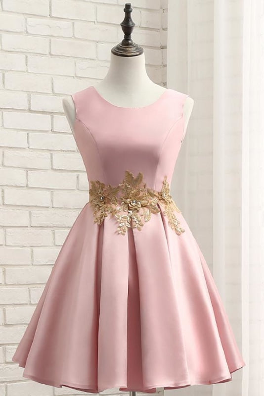 Pink A Line Sleeveless Ruched Homecoming with Gold Appliques Short Prom Dress - Prom Dresses