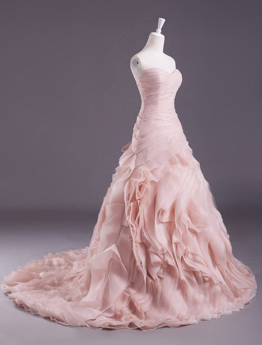 Pink A-line Strapless Sweetheart Neck Tiered Sweep Wedding Gown 