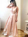 Pink A Line V Neck Floor Length Lace Appliques Pleated Satin Long Prom Dresses, V Neck Pink Formal Graduation Evening Dresses