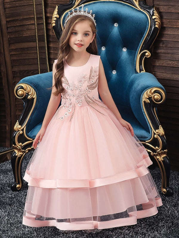 Girls' Basic Coloured Embroidered Sleeveless Maxi Princess Dress —  TRENDELLA UK LIMITED