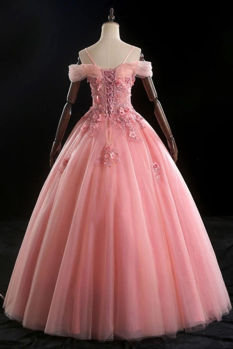 Pink Ball Gown Off Shoulder Prom with Flowers Floor Length Applique Quinceanera Dress - Prom Dresses