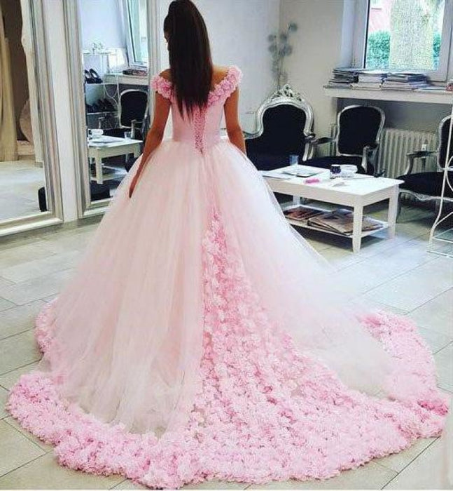 Pink Ball Gown Princess Off-shoulder Hand-Made Flower Wedding Dress - Wedding Dresses