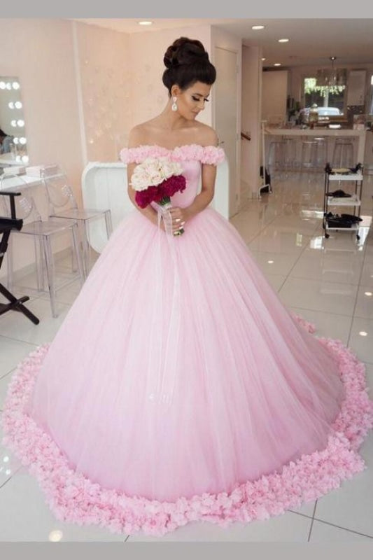 A-Line V-Neck Long Sleeves Pink Tulle Wedding Dress with Lace Appliques  WD311 – Pgmdress