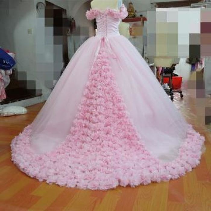 Pink Ball Gown Princess Off-shoulder Hand-Made Flower Wedding Dress - Wedding Dresses