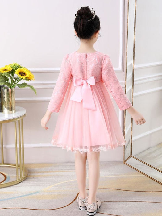 Flower Girl Dresses Light Pink Jewel Neck Long Sleeves Beaded Polyester Tulle Lace Polyester Cotton Kids Social Party Dresses