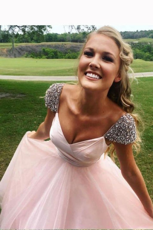 Pink Cap Sleeves A Line Long Prom Dresses with Rhinestones - Prom Dresses