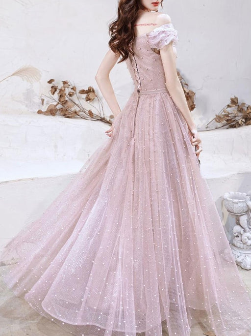 Pink Evening Dress A-Line Bateau Neck Sleeveless Lace-up Bows Floor-Length Sequined Formal Party Dresses